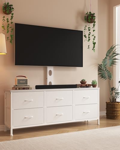 TV Stand with Mount, Fabric Dresser with 6 Drawers for 32/45/55/60/65/75 inch TVs, White Dresser Entertainment Center, Modern Media TV Console Table